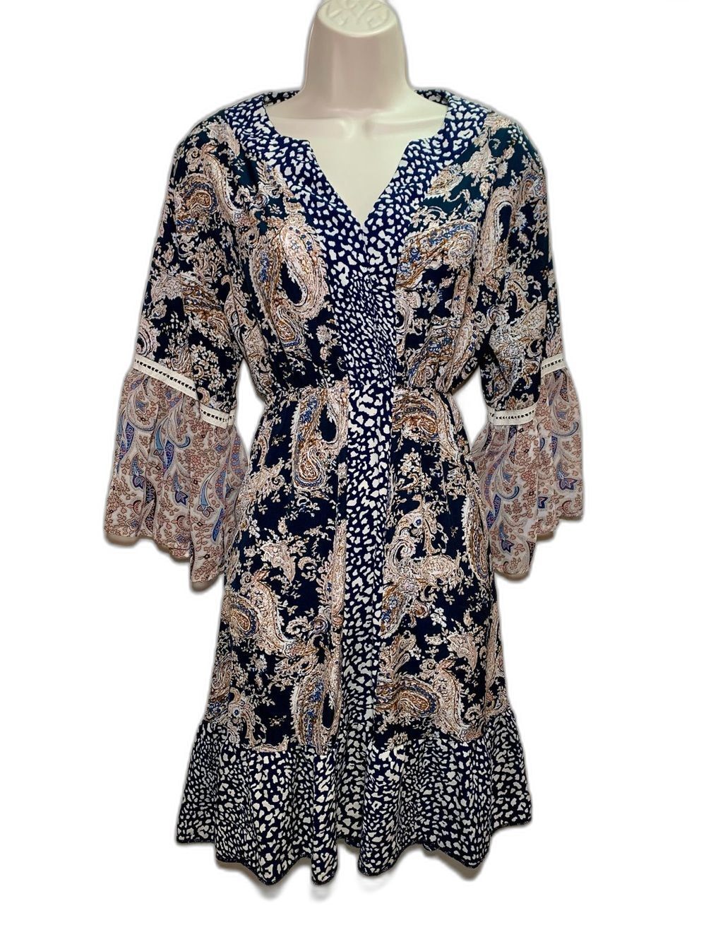 Grace & Emma Paisley Mixed Print Bell Sleeve Boho Mini Dress Size Large